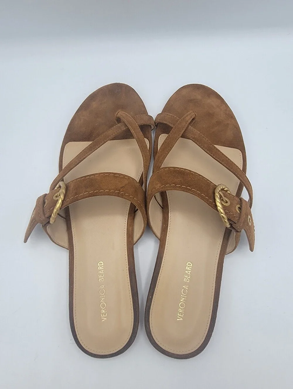 Veronica Beard Brown Suede Buckle Thong Sandals